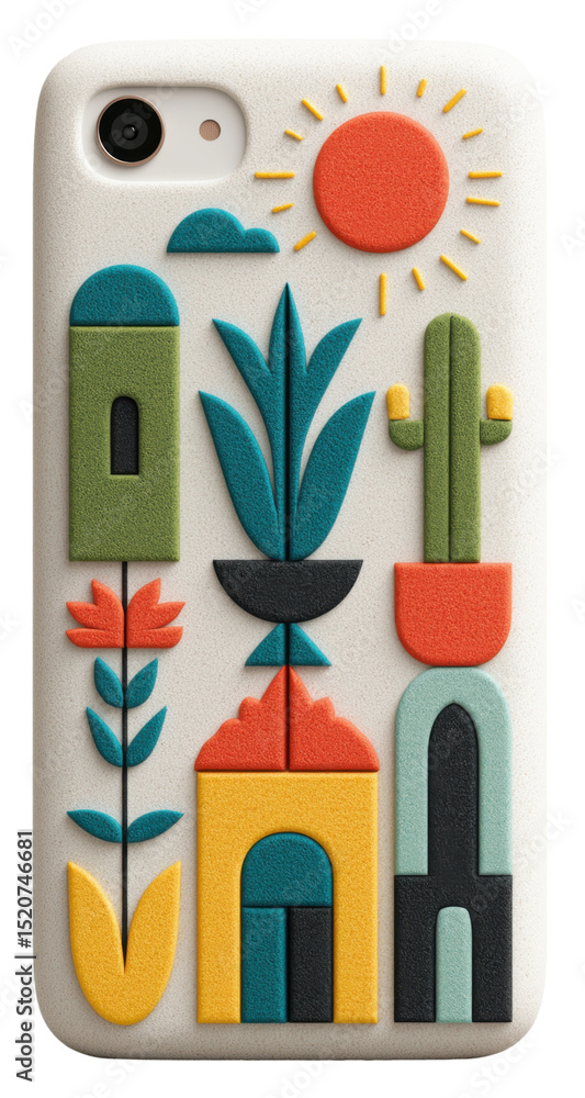 Fototapeta premium Colorful phone case featuring abstract shapes and designs inspired by nature and architecture isolated on transparent background.