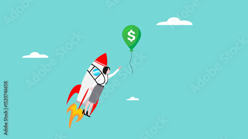 achieve financial goal with startup business success, startup business management to reach financial freedom, businesswoman flying using startup business rocket to reach balloon with dollar money