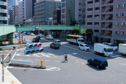 A cityscape of traffic jam at the downtown crossing in Tokyo