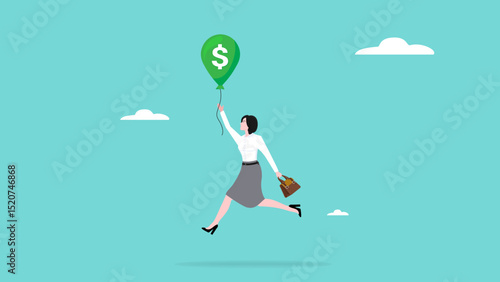 reach financial freedom, Achieve financial goals with successful business or investment return, happy businesswoman jumping to catch balloon with dollar money concept illustration