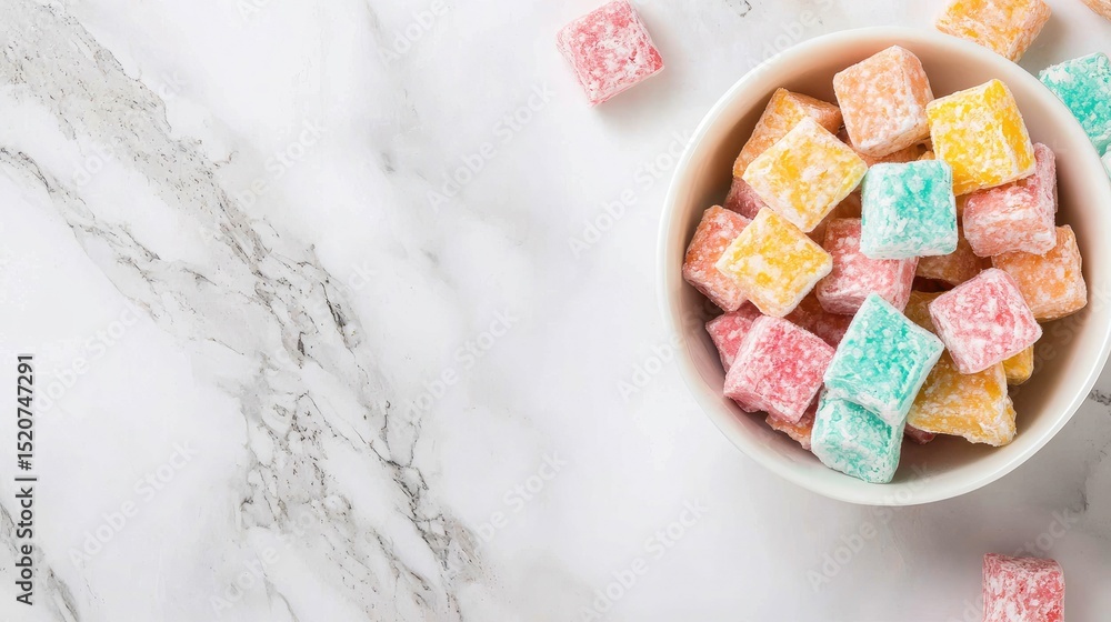 Colorful Candy Cubes in White Bowl on Marble Countertop Surface Colorful Candy Cubes in White Bowl on Marble Countertop Surface