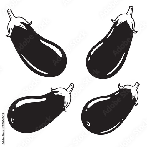 Black and white silhouette illustrations of four fresh eggplant vegetables isolated on white background