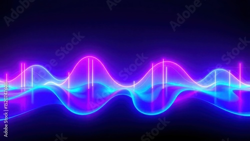 3d render of a vibrant, abstract representation of light waves in various neon colors against a dark background. Synthwave style music equalizer. Visualization of fluctuations