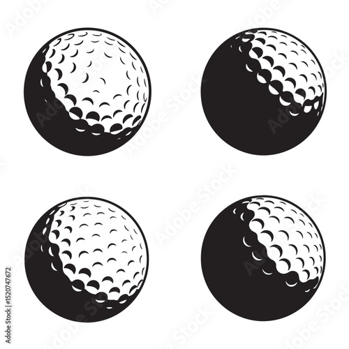 Monochrome golf balls in various perspectives on a white background
