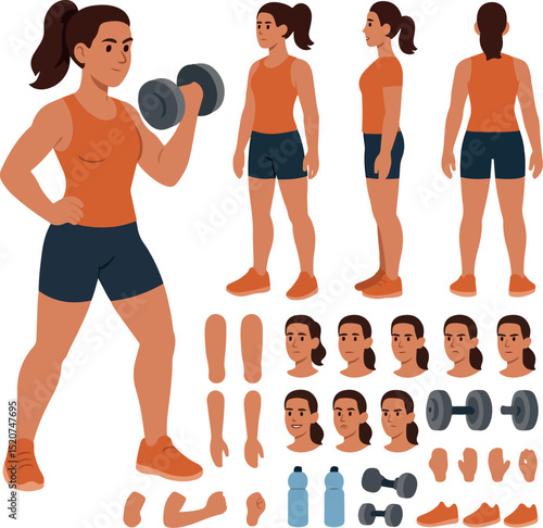 Sporty  girl wearing fitness clothes holding dumbbells. Character constructor for animation. Front, side and back view set. Body parts, postures, poses collection. Vector illustration (4)