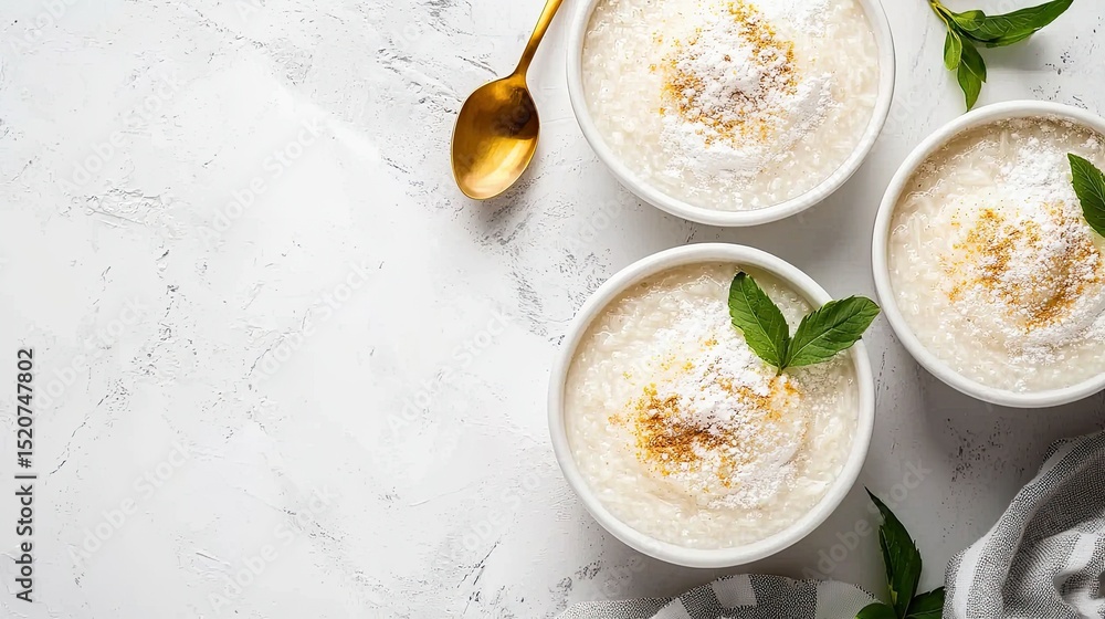 Creamy Pudding with Coconut Topping and Fresh Mint Leaves Decor Creamy Pudding with Coconut Topping and Fresh Mint Leaves Decor