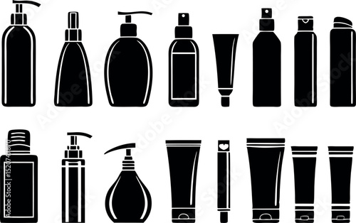Black and white collection of skincare and cosmetic product silhouettes