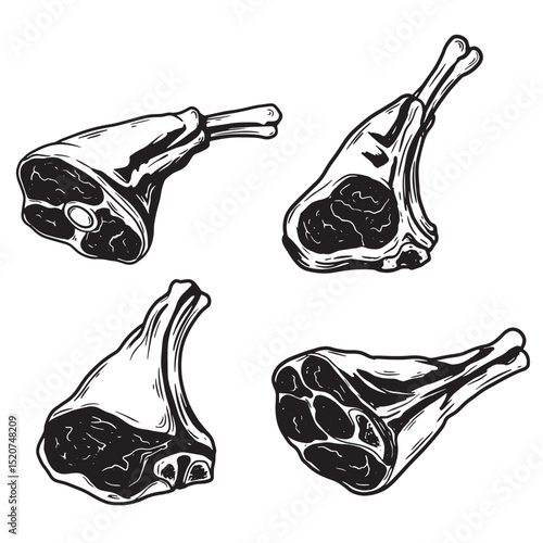 Illustrated butcher cuts of meat in black and white silhouette style for culinary and food design
