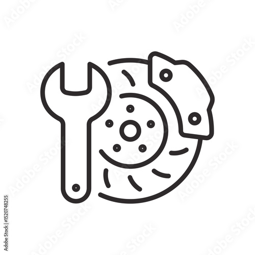 Car brake disc with wrench icon. Vector illustration. Editable stroke.