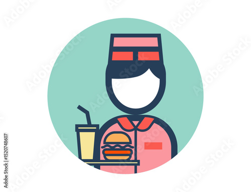 ハンバーガーを持ったファストフード店員の丸いシンプルなカラフルカラーイラストアイコン