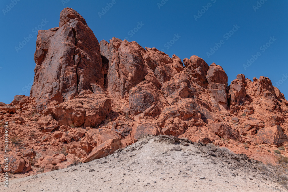 Fototapeta premium Willow Tank Formation (Lower Cretaceous)—Claystone and siltstone, carbonaceous shale, sandstone and sandy conglomerate. Fire Wave Trail, Valley of Fire State Park, Nevada geology. red Aztec Sandstone 