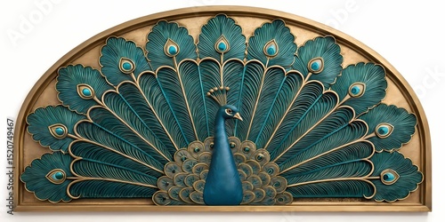 Sculptural peacock with full plume spread, crafted in deep teal enamel and antique gold filigree feathers — framed in an arched gold panel for hallway grandeur or sofa backdrop.