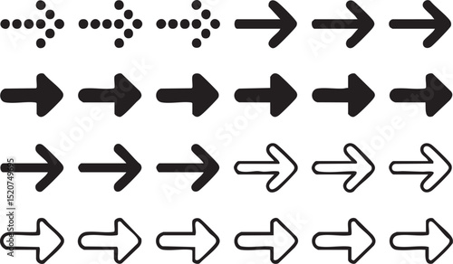 Set of Hand Drawn Arrows in Different Styles and Shapes Pointing Right