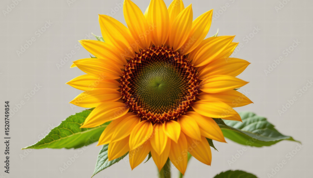Fototapeta premium Vibrant sunflower with bright yellow petals and textured green center stands out against soft, neutral background. leaves are lush and green, adding to overall beauty of this floral image