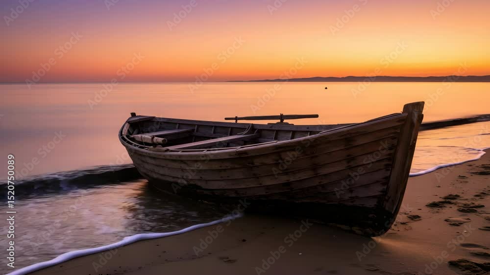 Rustic Wooden Boat on Sandy Beach Under Colorful Sunset Sky Ocean Scene Rustic Wooden Boat on Sandy Beach Under Colorful Sunset Sky Ocean Scene