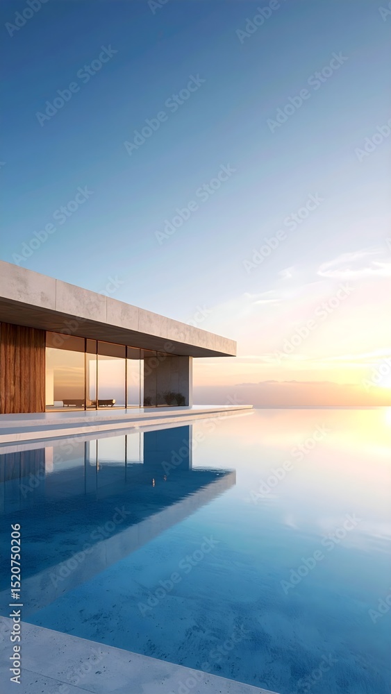 Fototapeta premium Minimal flat building structure extending over infinite water, sunset glow on horizon, blue and beige tones, clean architectural lines