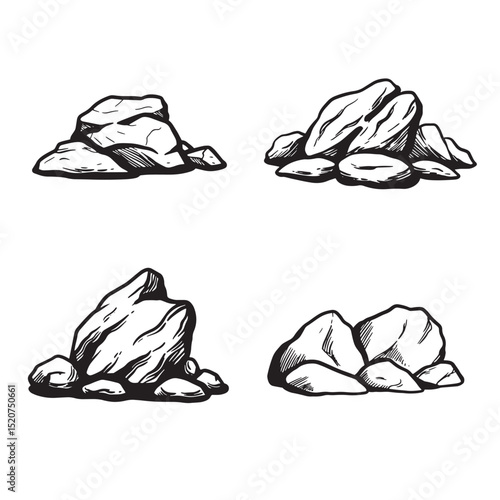 Hand drawn set of detailed rock outlines for design elements and illustrations