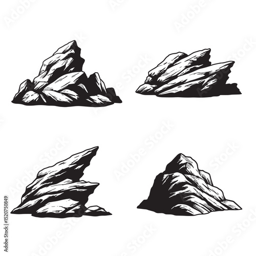 Set of four detailed black and white rock formation illustrations perfect for design projects and graphics
