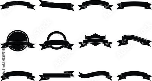 Black Ribbon Banner Vector Set – Circle Badge, Wave Scrolls, Curved Vintage Labels, Emblem Silhouettes