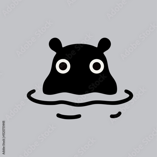 A cute black hippo peeks from water, modern minimalist design.