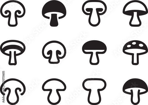 Mushroom Icon Set Variety of Edible Fungi Black and White