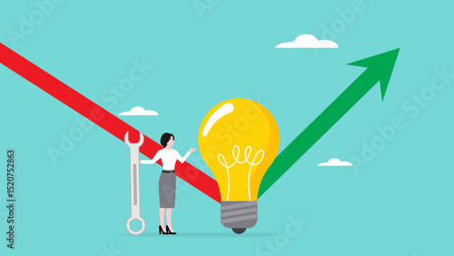 creative idea to boost business progress, developing solution to solve business problem, businesswoman fixes a light bulb idea to change a downward business graph to an upward one