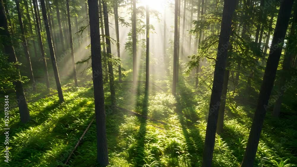 Sunlight Illuminating Lush Green Forest with Tall Trees Creating a Peaceful Woodland Scene Sunlight Illuminating Lush Green Forest with Tall Trees Creating a Peaceful Woodland Scene