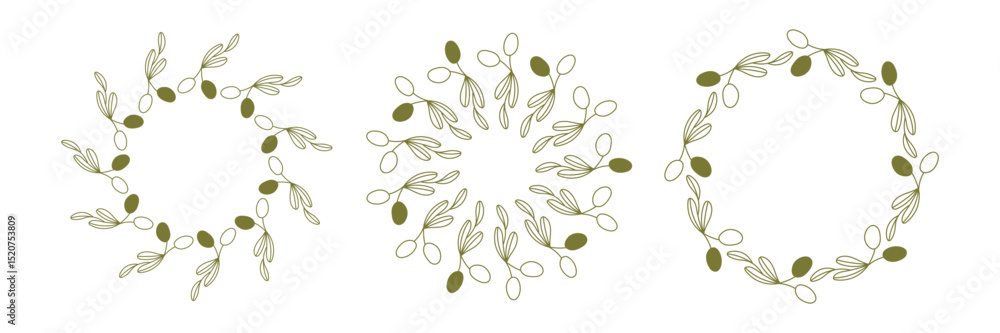 Fototapeta premium Olives Line Drawing. Black and white Olive Frame. Olive Wreath Isolated. Floral Line Art. Fine Line Olive illustration. Green and white Olive Branches. Hand Drawn Olives. Wedding invitation greenery