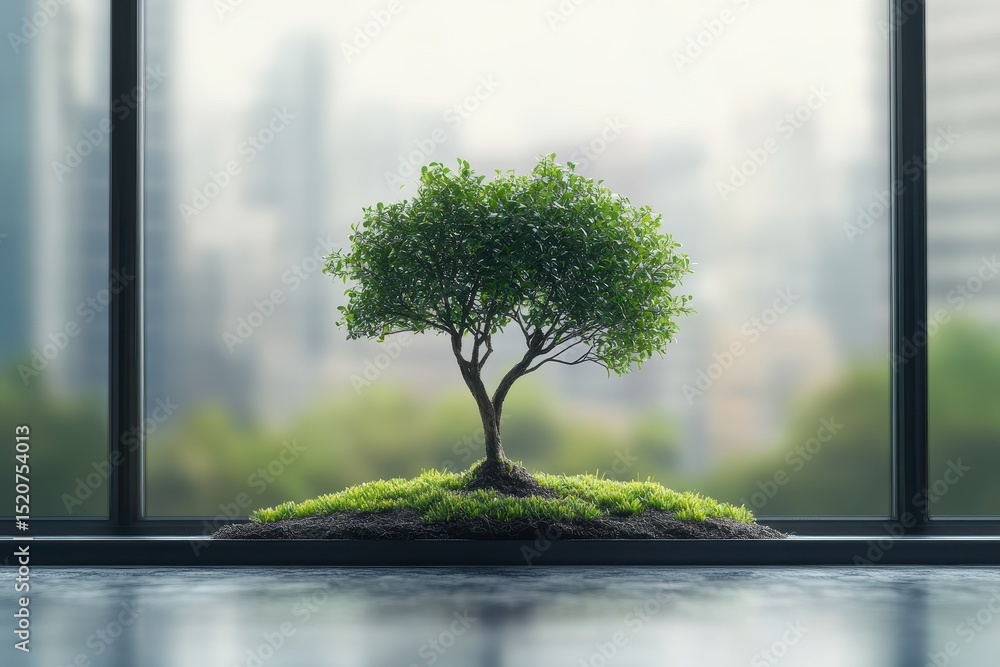 Obraz premium Eco-friendly building featuring a realistic green office plant positioned by large windows, creating a refreshing workspace in an urban environment