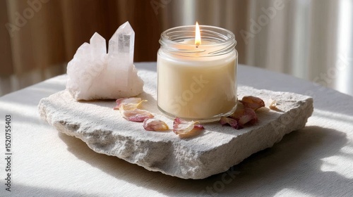 Top-down flat lay of a scented candle mockup on rough stone, surrounded by dried petals, soft window light from left, quartz crystals, pastel mint freshness,