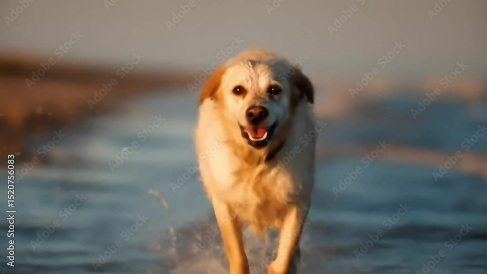 Golden Retriever Dog Joyfully Running in Shallow Water at the Beach During Sunset Golden Retriever Dog Joyfully Running in Shallow Water at the Beach During Sunset