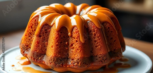 Golden-brown bundt cake with glossy caramel icing, showcasing intricate details,  yummy,  texture