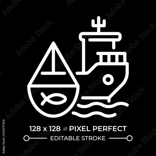 Fishing vessel pixel perfect white line icon in negative space. Ship designed to catch fish and aquatic animals. Maritime transport. Monochrome linear symbol on black background. Editable stroke