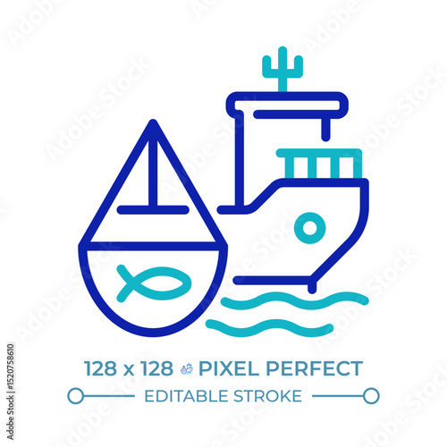 Fishing vessel pixel perfect two color line icon. Ship catching fish and aquatic animals. Maritime transport bicolor outline symbol. Duotone linear pictogram. Isolated illustration. Editable stroke
