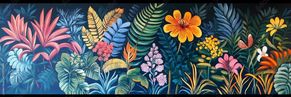 Fototapeta premium Colorful floral pattern illustration with various flowers and leaves on a dark background.