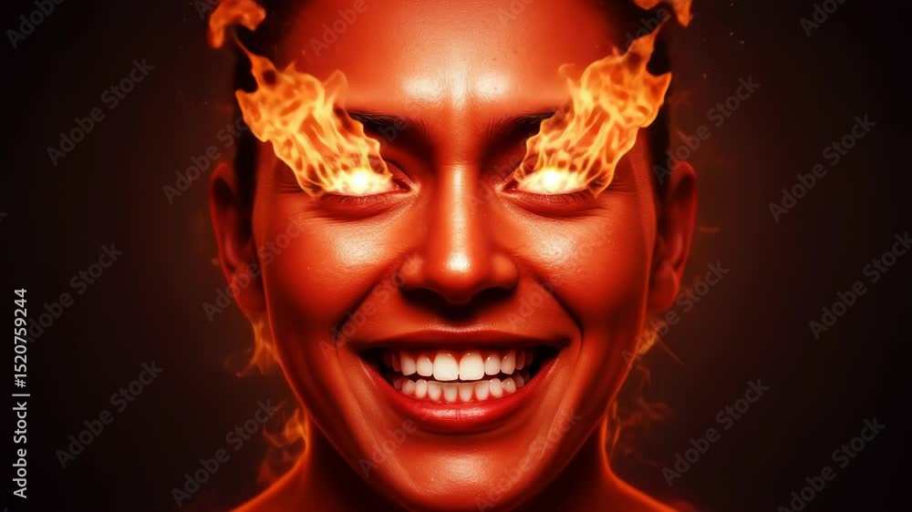 Inferno Gaze: Smiling Woman with Burning Eyes in Seamless Horror Fantasy Animation Inferno Gaze: Smiling Woman with Burning Eyes in Seamless Horror Fantasy Animation