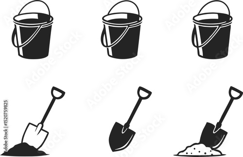 Black and white vector illustration of buckets and shovels on white background