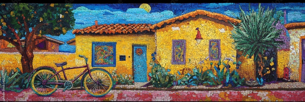 Fototapeta premium Painting of a yellow house with a blue door and a bicycle outside.