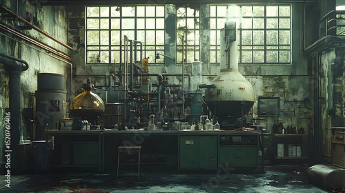 An abandoned industrial chemistry lab filled with vintage equipment.