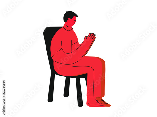  Young Man Praying to God sitting on the chair.Person Communicates with Creator. Vector illustration on isolated white background
