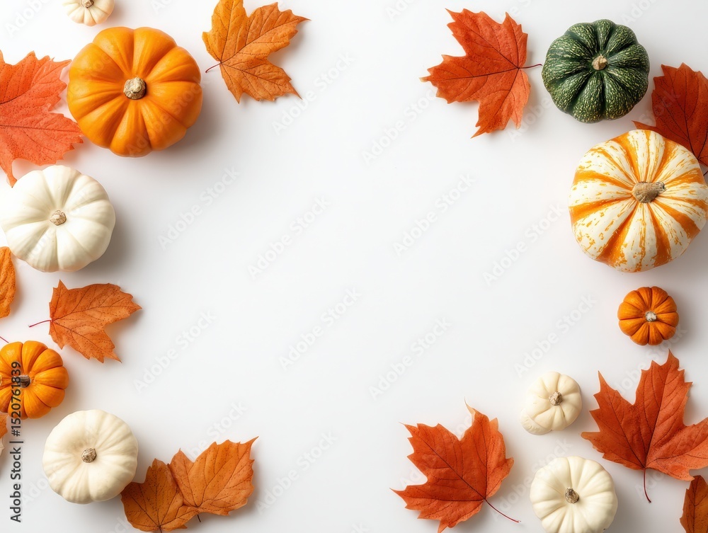 Fototapeta premium Minimalistic Autumn Background with Pumpkins and Orange Maple Leaves Border on White, Cozy Festive Flat Lay for Thanksgiving and Fall Promotion, Selective Focus..
