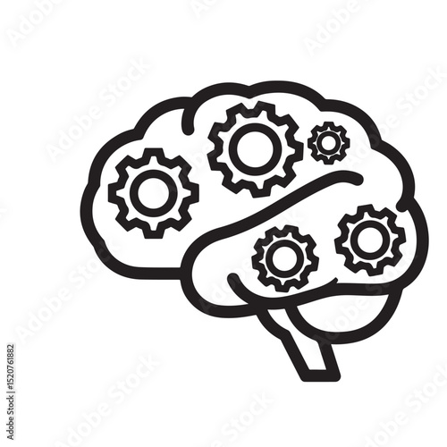 Flat black vector silhouette icon of brain with gears symbolizing critical thinking or business intelligence outline on transparent background