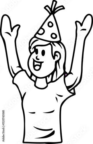 Happy kid raising hands wearing birthday hat line art illustration  