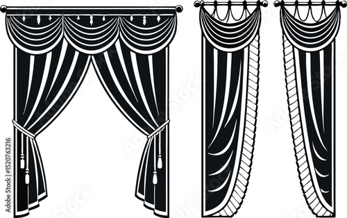 Classic black and white vector illustrations of elegant curtain designs
