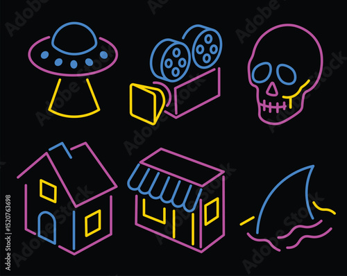 Movie Genre Glowing Neon Style Icons