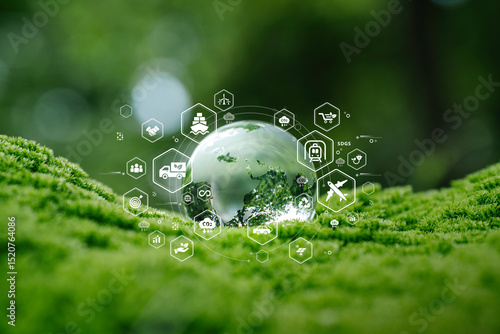 Wallpaper Mural Green logistic or Sustainable transportation. Sustainable global transport. supply chain of logistics or travel with clean energy and eco friendly to Net zero carbon emission. Globe with icons on moss Torontodigital.ca