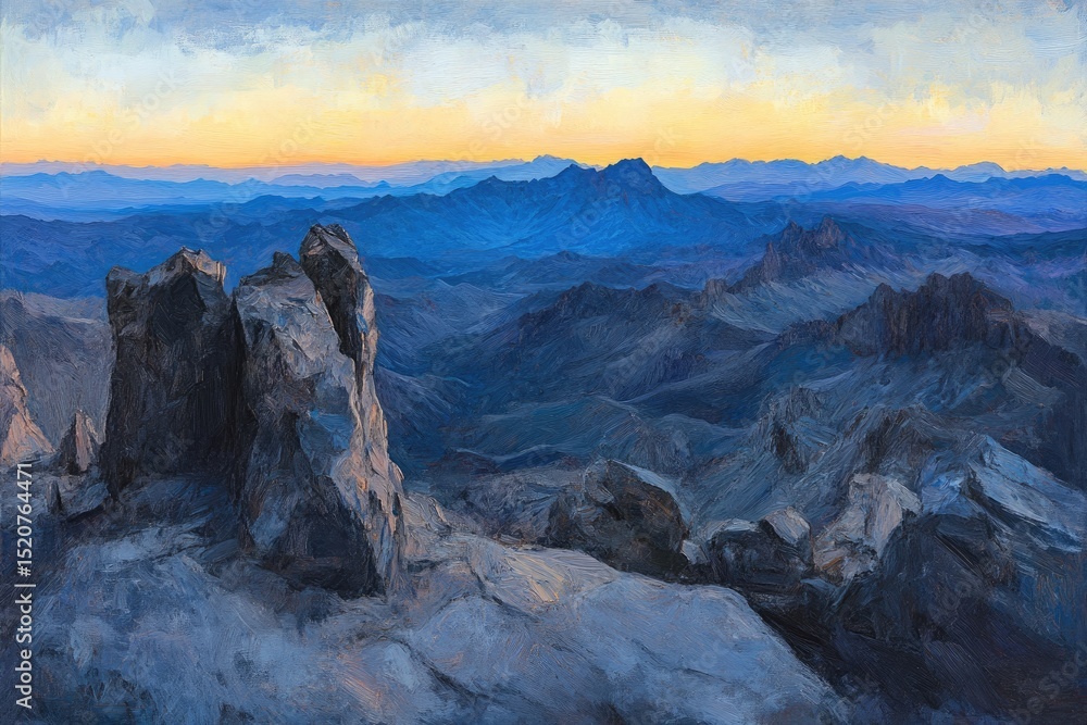 Obraz premium A panoramic sunset view from a rocky peak overlooking a vast, layered mountain range bathed in cool blues and warm oranges