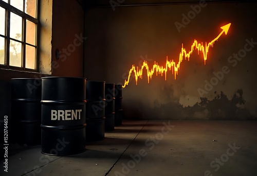 Brent oil barrels with downward chart representing crude oil price fall, economic crisis, stock market crash, recession, energy industry collapse, and global financial instability.