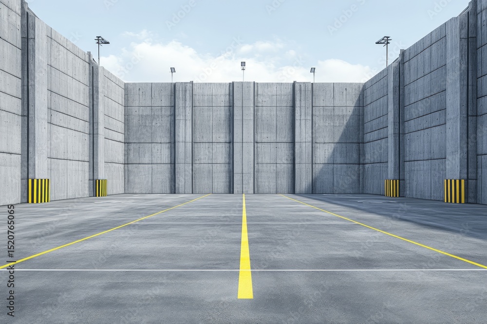custom made wallpaper toronto digitalEmpty, industrial concrete lot enclosed by high walls, marked with yellow lines, under a pale sky, lit by lamps