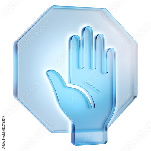 Glass Hand Stop Sign Icon 3D Render Blue Octagon